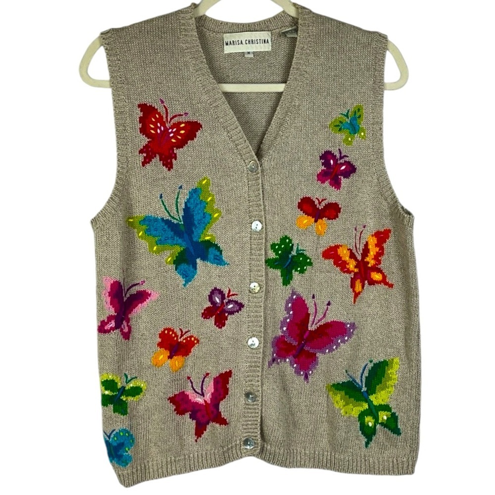 MARISA CHRISTINA button down knit sleeveless butterfly cardigan taupe Sz M